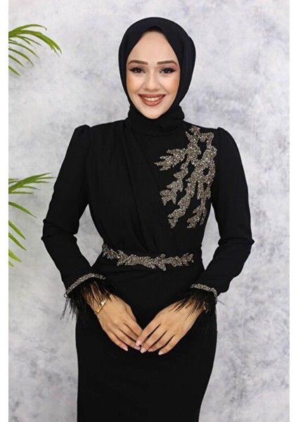 Işıltılı Taş Detaylı Tesettür Abiye- Siyah indirimleri