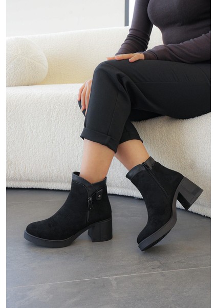 Valencia Yan Fermuar Detaylı Topuklu Kadın Bot Siyah