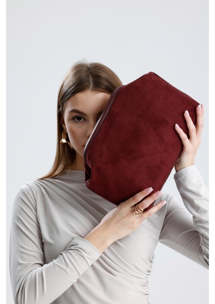 Kadın Bordo Süet Clutch El Çantası