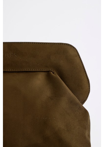 Kadın Haki Yeşil Deri Detaylı Süet Clutch El Çantası