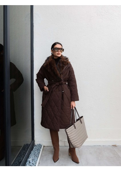 Kürk Yaka Kapitone Desen Uzun Mont