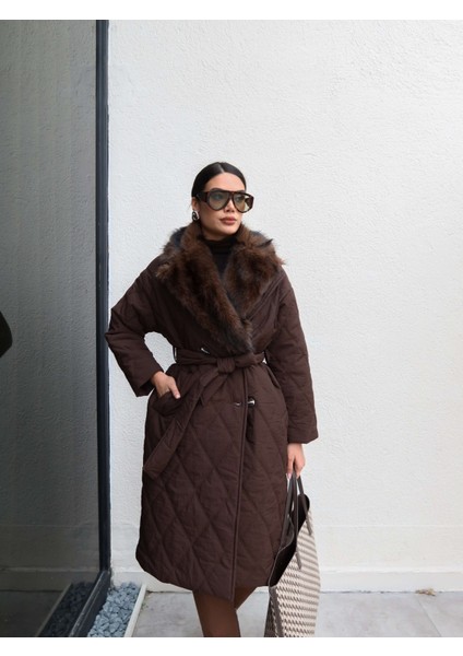 Kürk Yaka Kapitone Desen Uzun Mont fiyatları