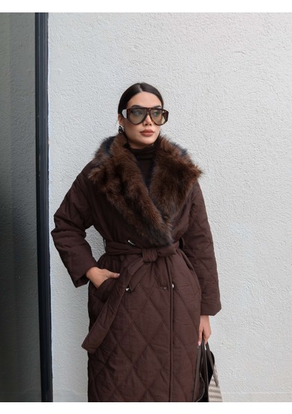 Kürk Yaka Kapitone Desen Uzun Mont fırsatları