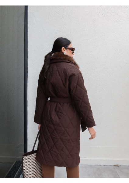 Kürk Yaka Kapitone Desen Uzun Mont indirimleri