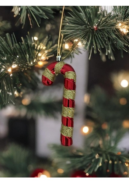 Lüks Kırmısı Sarı Şeritli Baston Şeker Kamışı 4 Lü Yılbaşı Ağaç Çam Ağacına Asılan