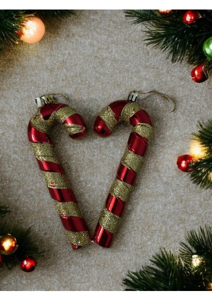 Lüks Kırmısı Sarı Şeritli Baston Şeker Kamışı 4 Lü Yılbaşı Ağaç Çam Ağacına Asılan fiyatları