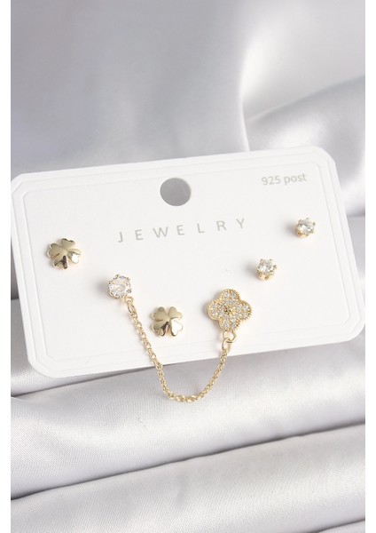 Bfs 925 Ayar Gümüş Çivi Pirinç Gold Renk Zirkon Taşlı Yonca Model Sallantı Zincir Detay Kadın Küpe Seti