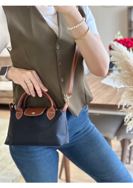 Siyah Paraşüt Kahve Saplı El ve Omuz Çantası