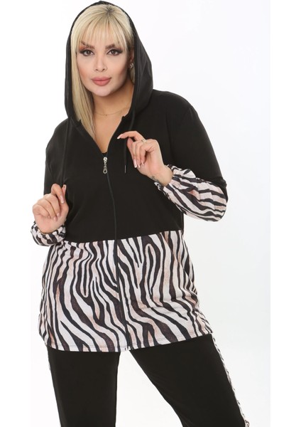 Kadın Siyah Baskılı Büyük Beden Kapüşonlu Fermuarlı Eşofman Takım fiyatları