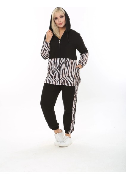 Kadın Siyah Baskılı Büyük Beden Kapüşonlu Fermuarlı Eşofman Takım fırsatları