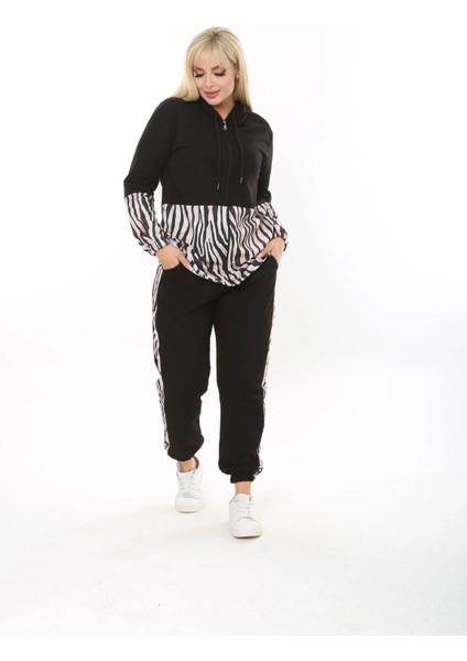 Kadın Siyah Baskılı Büyük Beden Kapüşonlu Fermuarlı Eşofman Takım indirimleri