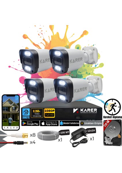 Exitcam-4'li Ahd Güvenlik Kamera Seti-Gece Renkli-6 Warmled'li- Su Geçirmez-2 Mp- Full Hd