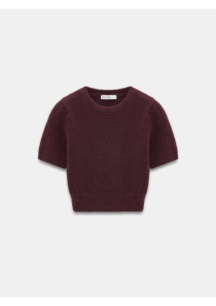 10651 Yün Karışımlı Kısa Kollu Triko Kazak-Koyu Bordo