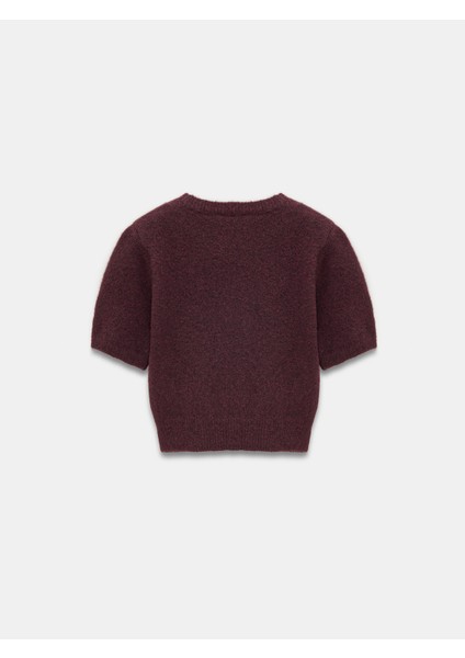 10651 Yün Karışımlı Kısa Kollu Triko Kazak-Koyu Bordo
