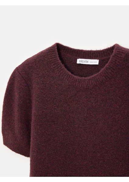 10651 Yün Karışımlı Kısa Kollu Triko Kazak-Koyu Bordo