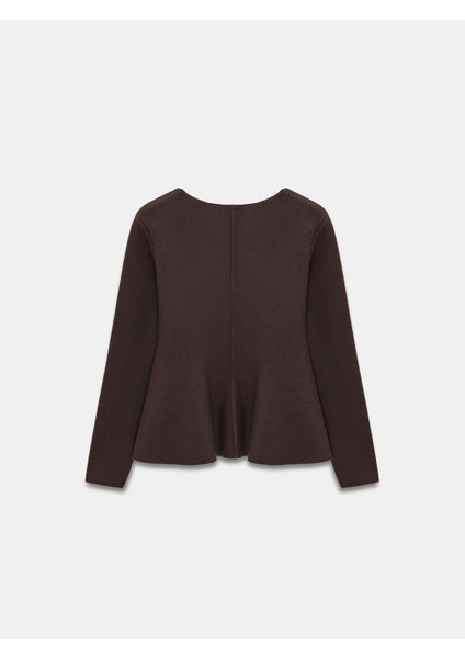 10824 Bisiklet Yaka Peplum Triko Top-Koyu Kahve