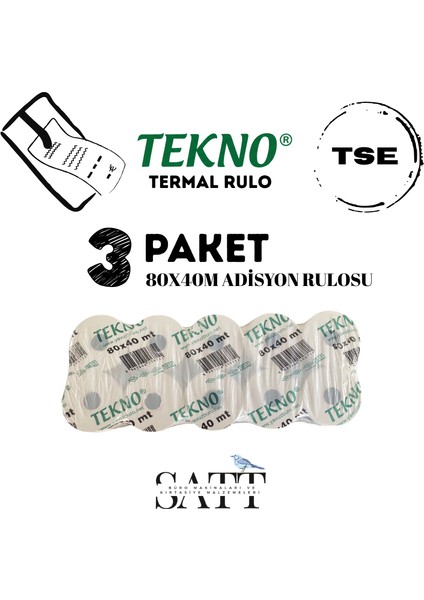 Adisyon Rulosu 80 x 40 mm 3 Paket 30'lu Rulo