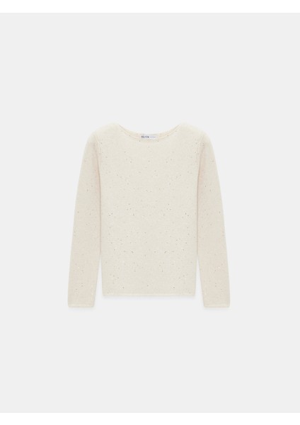 10836 Yün Karışımlı Parıltılı Kayık Yaka Kazak-Krem