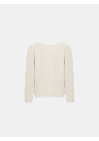 10836 Yün Karışımlı Parıltılı Kayık Yaka Kazak-Krem