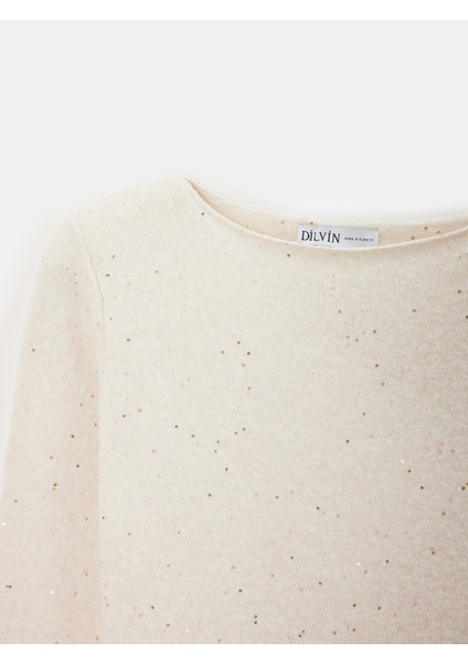 10836 Yün Karışımlı Parıltılı Kayık Yaka Kazak-Krem