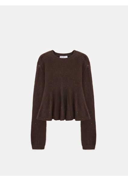 10832 Peplum Parıltılı Triko Kazak-Kahve