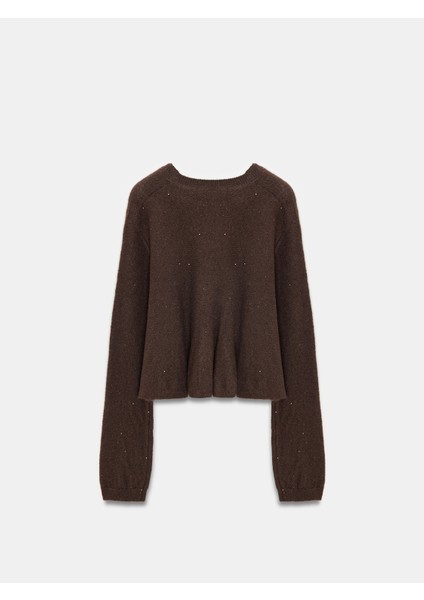 10832 Peplum Parıltılı Triko Kazak-Kahve