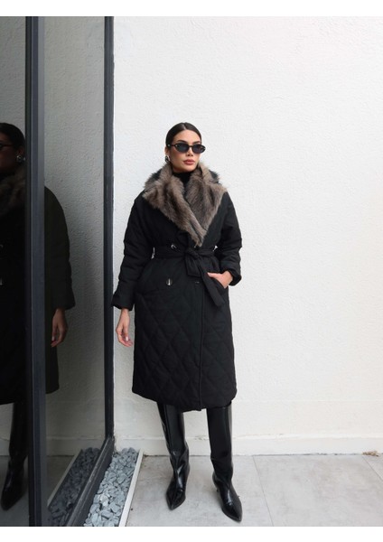 Kürk Yaka Kapitone Desen Uzun Mont