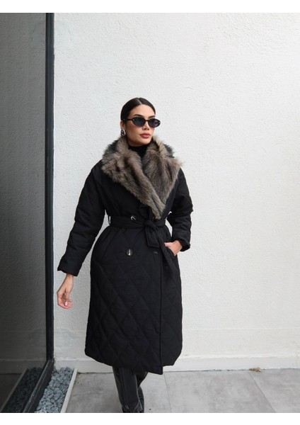 Kürk Yaka Kapitone Desen Uzun Mont fiyatları