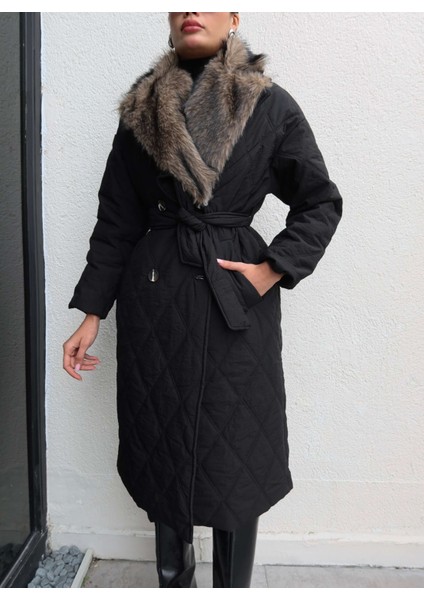 Kürk Yaka Kapitone Desen Uzun Mont modelleri