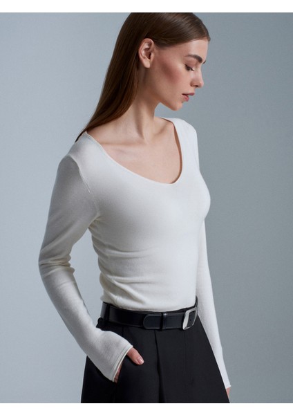 10842 V Yaka Kaşmir Karışımlı Triko Kazak-Ekru