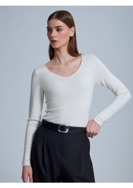 10842 V Yaka Kaşmir Karışımlı Triko Kazak-Ekru fırsatları