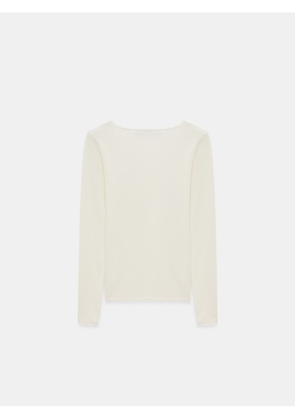 10842 V Yaka Kaşmir Karışımlı Triko Kazak-Ekru