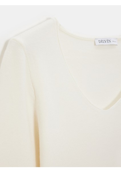 10842 V Yaka Kaşmir Karışımlı Triko Kazak-Ekru