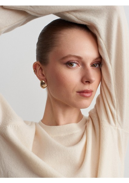 10847 %100 Kaşmir Bisiklet Yaka Kazak-Ekru