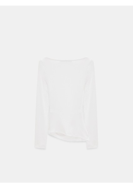 32198 Kayık Yaka Büzgülü Top-Açık Ekru