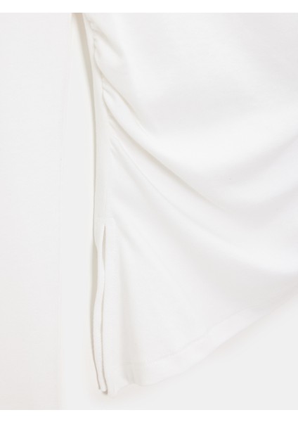 32198 Kayık Yaka Büzgülü Top-Açık Ekru