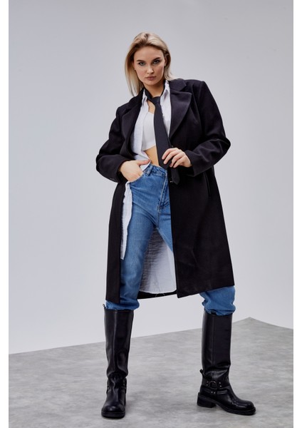 Rosalia Siyah Regular Fit Kruvaze Kaşe Kaban