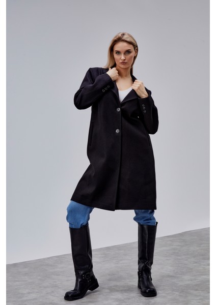 Rosalia Siyah Regular Fit Kruvaze Kaşe Kaban fiyatları