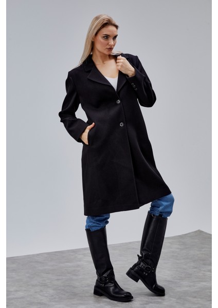 Rosalia Siyah Regular Fit Kruvaze Kaşe Kaban modelleri