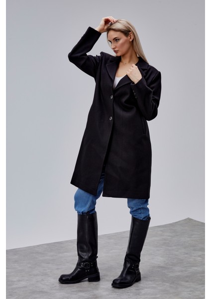 Rosalia Siyah Regular Fit Kruvaze Kaşe Kaban indirimleri