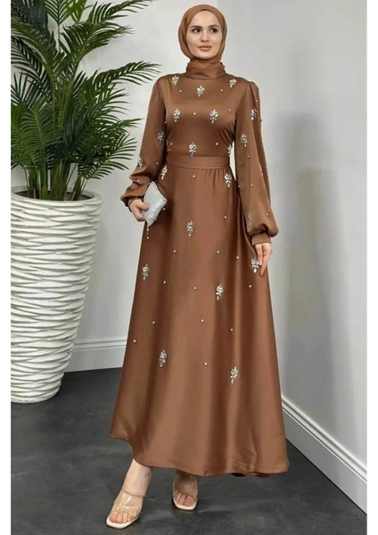 Nove Taşlı Saten Kloş Abiye- Kahverengi