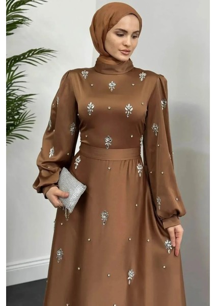 Nove Taşlı Saten Kloş Abiye- Kahverengi fiyatları