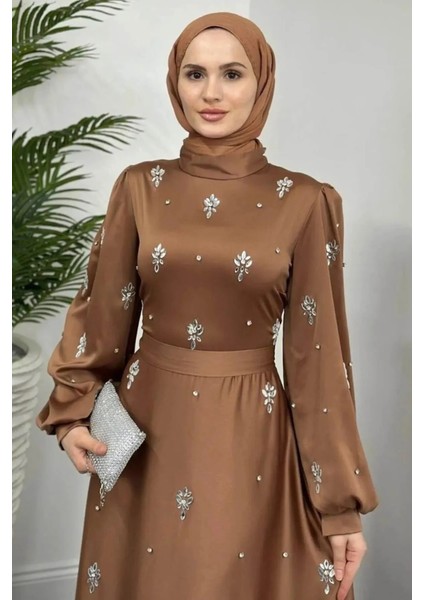 Nove Taşlı Saten Kloş Abiye- Kahverengi modelleri