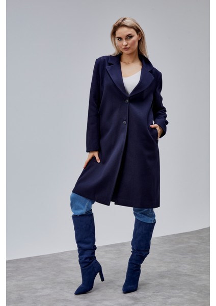 Rosalia Lacivert Regular Fit Kruvaze Kaşe Kaban