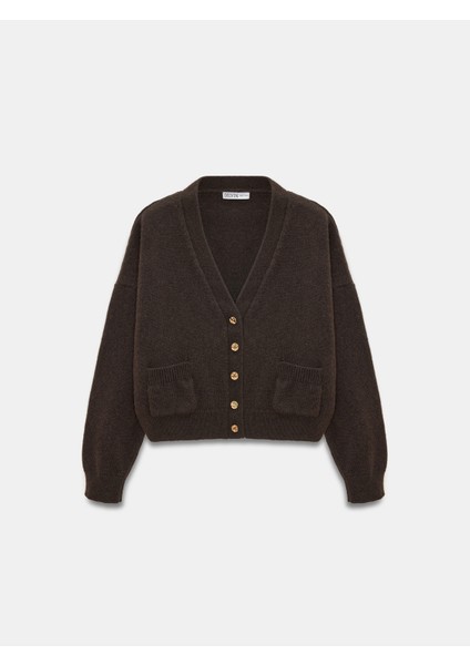 60999 Yün Karışımlı Cep Detaylı Triko Hırka-Kahve