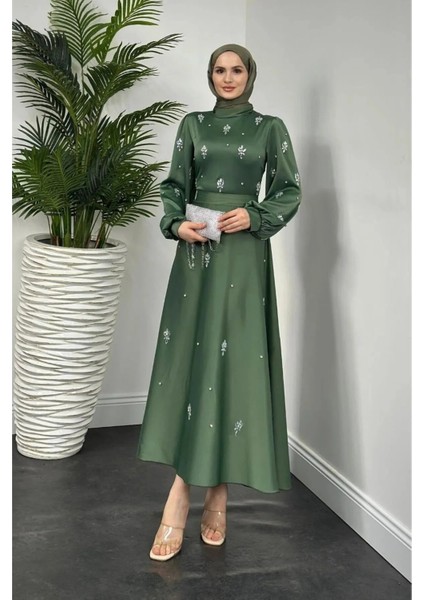 Nove Taşlı Saten Kloş Abiye- Haki