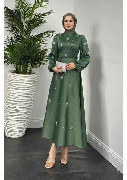 Nove Taşlı Saten Kloş Abiye- Haki fiyatları