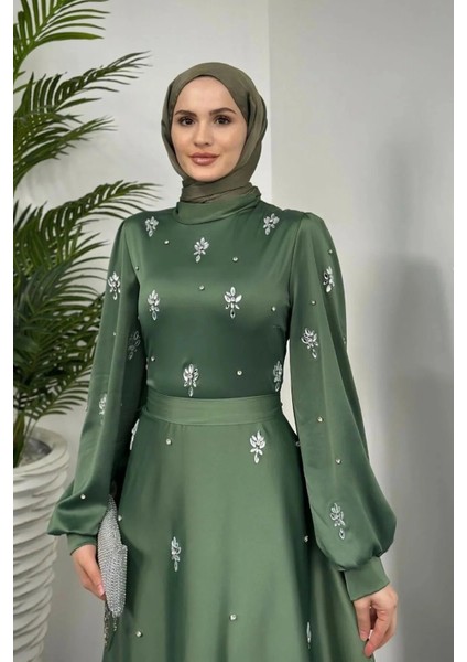 Nove Taşlı Saten Kloş Abiye- Haki modelleri