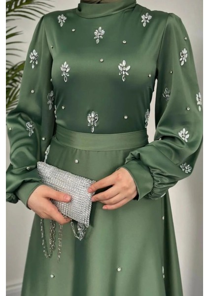 Nove Taşlı Saten Kloş Abiye- Haki fırsatları