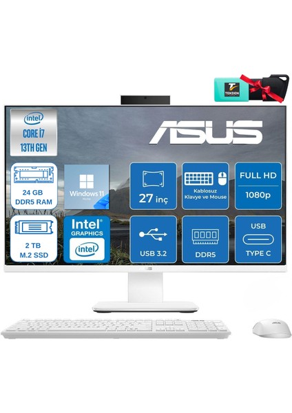 V470VAK Intel I7-13620H 24GB Ddr5 2tb SSD 27'' Fhd 100Hz W11H Beyaz All In One Bilgisayar